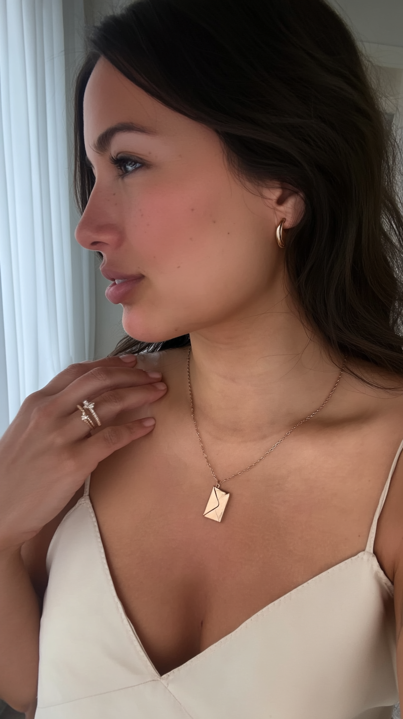 The Love Letter pendant in gold, worn on a fine chain