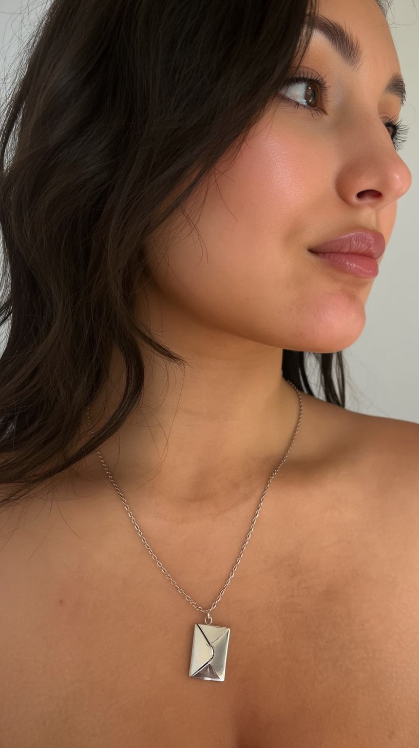 The Love Letter pendant in silver, worn on a fine chain